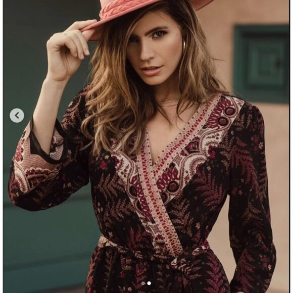 One September Jumpsuit XL Wide Leg Wrap Bodice Embroidered Black Burgundy Resort - Picture 1 of 12